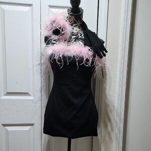 Holly Feather Black Dress with Pink Feather Trim And Matching Gloves L